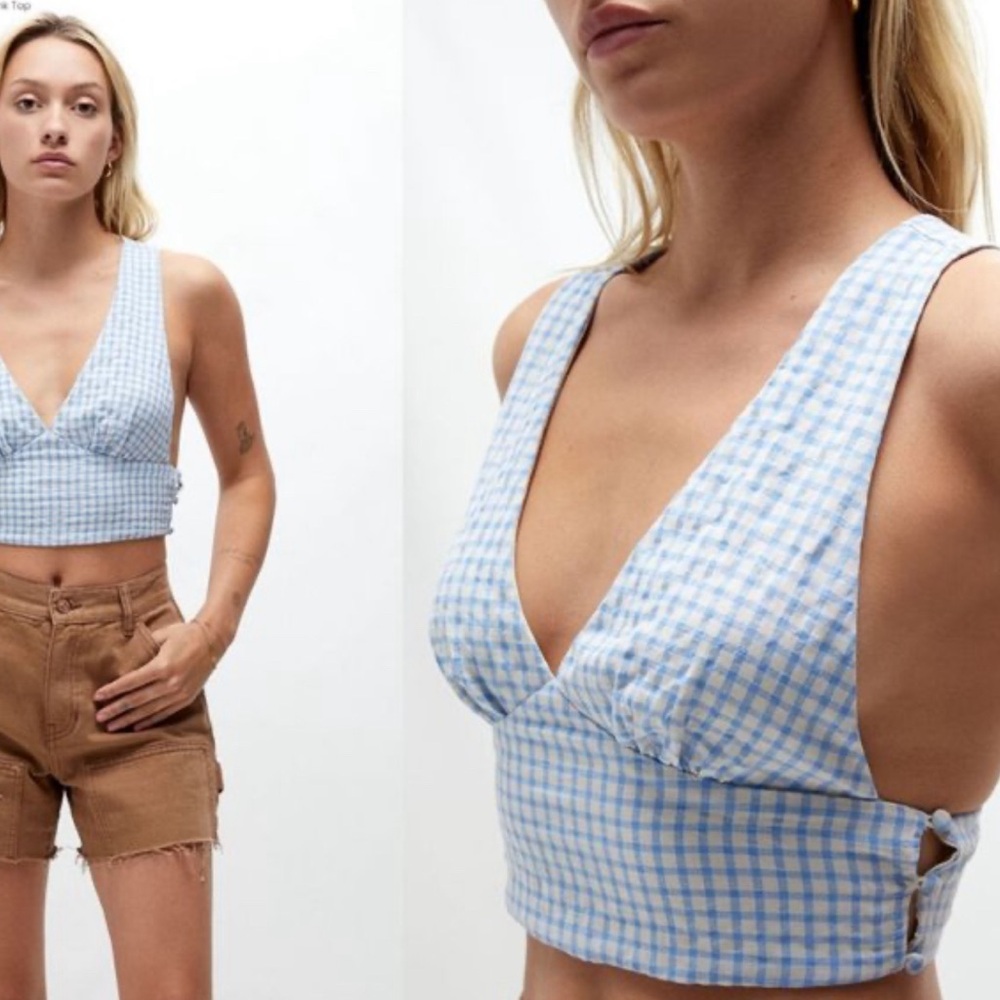 LA Hearts Light Blue & White Gingham Plaid Crossover Back Cropped Tank Top